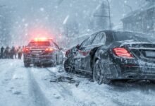 Две машины столкнулись на обледенелой улице, снегопад