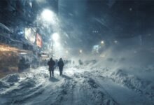 Морозный город ночью с ветром и снегом