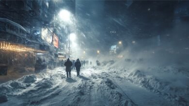 Морозный город ночью с ветром и снегом