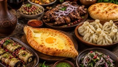 Georgian Food: Khachapuri, Khinkali and the Georgian Table 44 Traditional Georgian table with khachapuri, khinkali, grilled meats, eggplant rolls, sauces and red wine