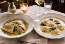 Maultaschen vs Ravioli: Shape, Filling, Dough and Serving Differences 47 Swabian Maultaschen served in clear broth beside Italian ravioli with browned butter sage and cheese
