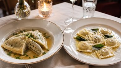 Maultaschen vs Ravioli: Shape, Filling, Dough and Serving Differences 87 Swabian Maultaschen served in clear broth beside Italian ravioli with browned butter sage and cheese
