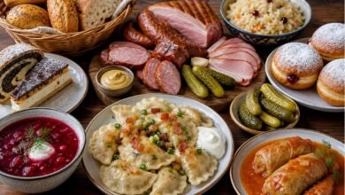 Polish Food Near Me: Restaurants, Delis and Pierogi Shops 47 Polish food spread with pierogi, kielbasa, stuffed cabbage, beet soup, pickles, bread and pastries