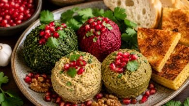 What Is Pkhali? Georgian Vegetables, Walnuts, Flavors and Serving Styles 44 Assorted Georgian pkhali with spinach, beet, bean, walnuts, pomegranate and mchadi