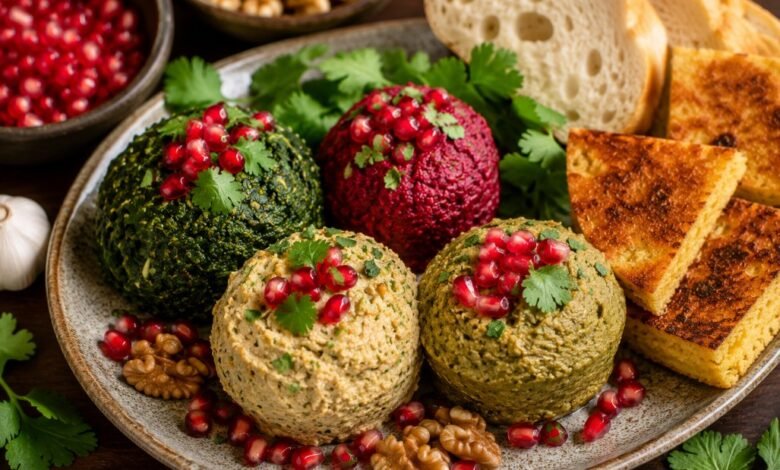 What Is Pkhali? Georgian Vegetables, Walnuts, Flavors and Serving Styles 84 Assorted Georgian pkhali with spinach, beet, bean, walnuts, pomegranate and mchadi