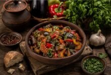 Traditional Ajapsandali Recipe: Georgian Eggplant Stew 46 Traditional Georgian ajapsandali with eggplant, tomatoes, peppers, garlic and fresh herbs