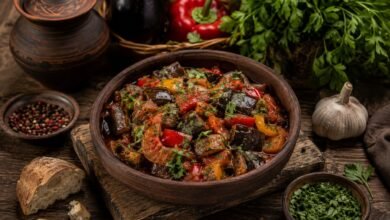 Traditional Ajapsandali Recipe: Georgian Eggplant Stew 86 Traditional Georgian ajapsandali with eggplant, tomatoes, peppers, garlic and fresh herbs